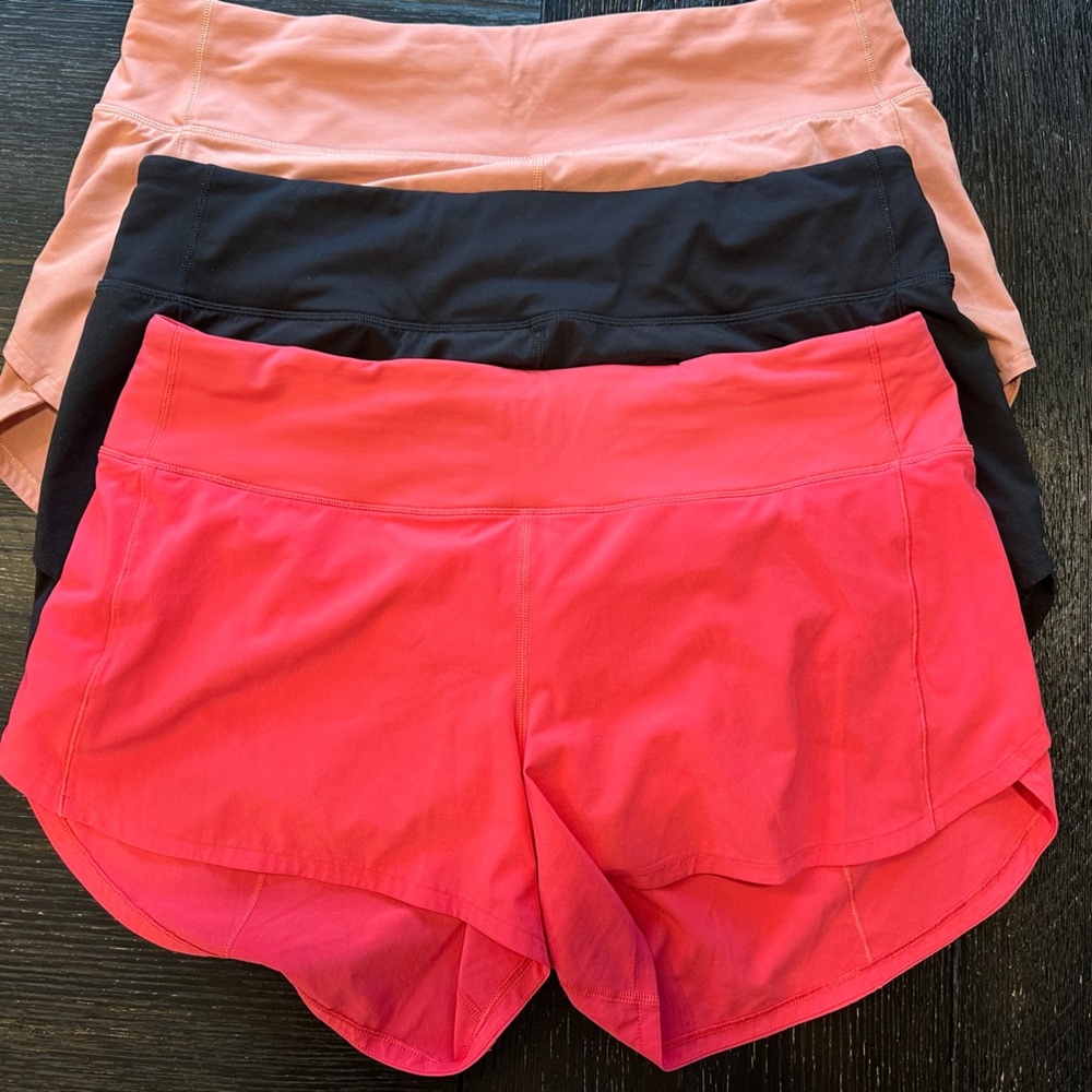 Lululemon Speed Up Mid-rise Lined Shorts 4 in- Pink, Black, and Coral
